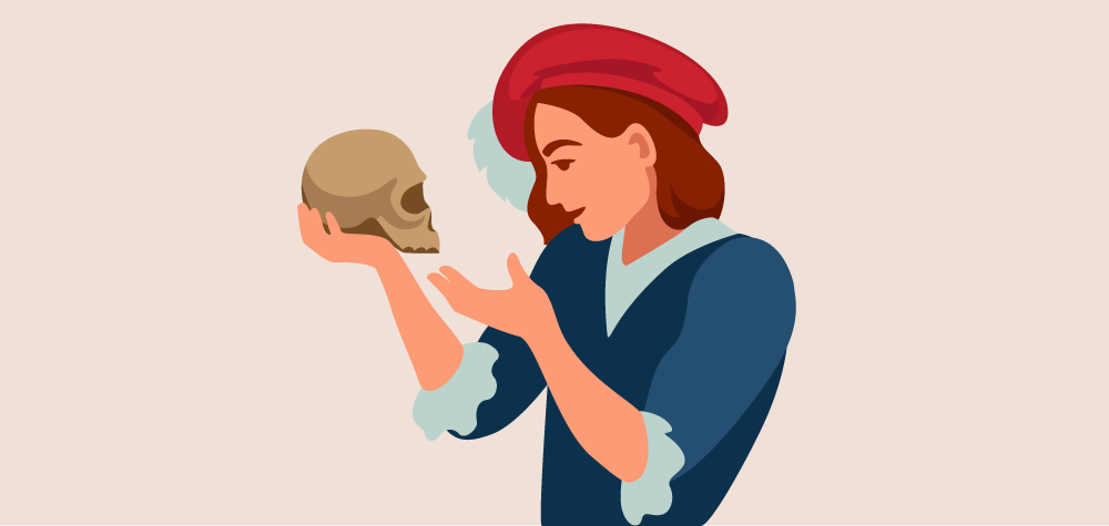 comédien tenant un crâne dans sa main